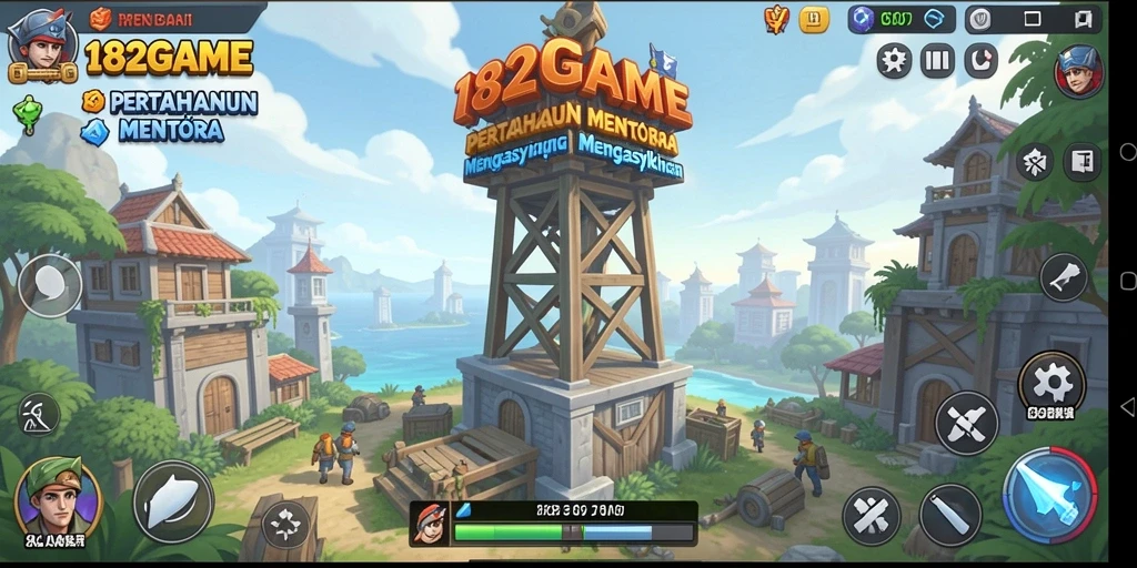 Tampilan gameplay 182GAME dengan menara pertahanan yang strategis.