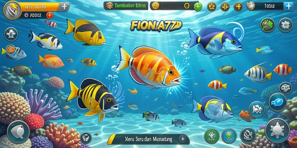 Tangkapan layar gameplay FIONA77 yang menampilkan aksi menembak ikan yang seru.