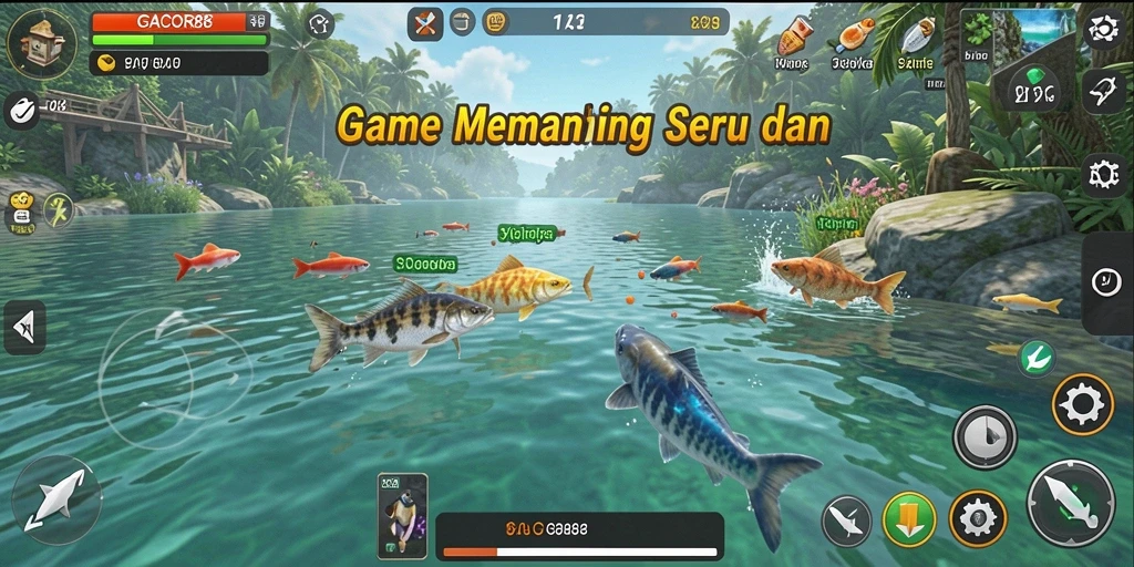 Screenshot GACOR88 saat pemain menangkap ikan besar di danau.