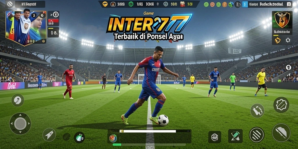 Tampilan gameplay INTER77 menampilkan aksi seru para pemain di lapangan sepak bola.