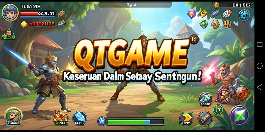 Tampilan permainan QTGAME dengan grafis cerah dan menawan.