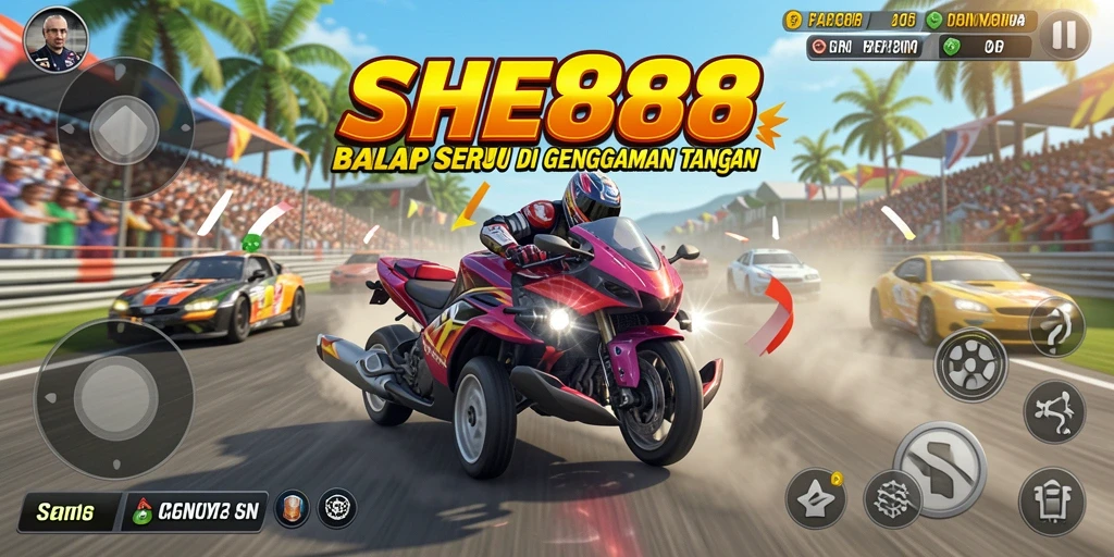 Screenshot gameplay SHE888 menampilkan aksi balapan yang mendebarkan.