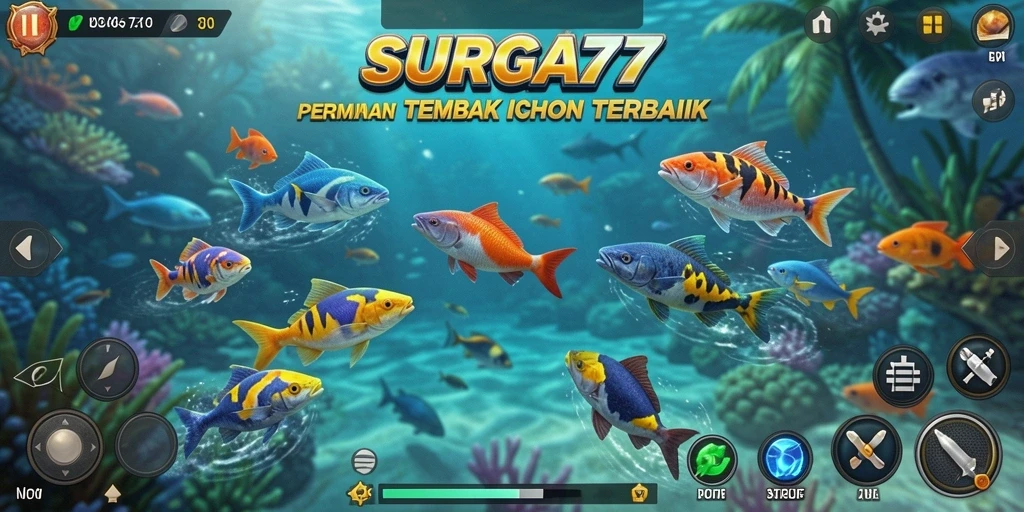 Tampilan gameplay SURGA77 menembak ikan yang penuh warna.