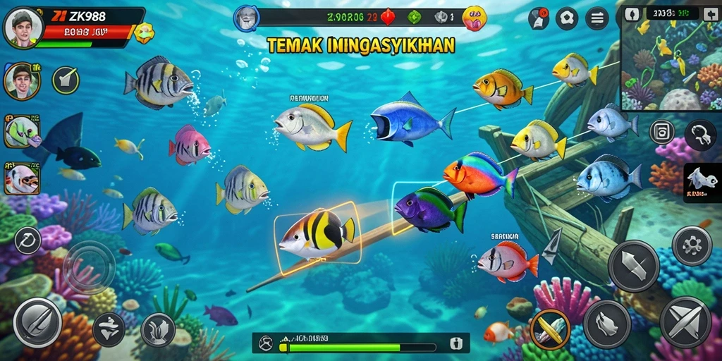 Tampilan gameplay menarik di ZK988 dengan berbagai ikan berwarna-warni.